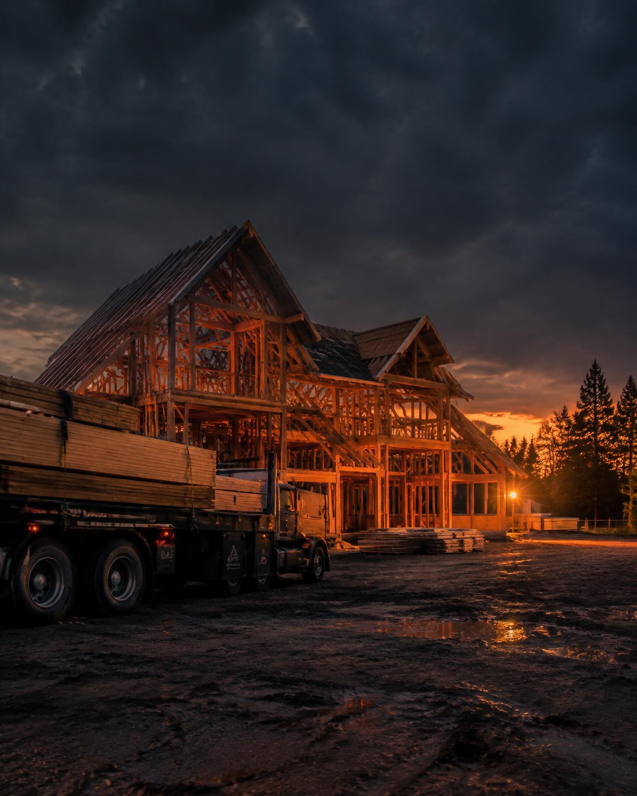 Home under construction at dusk with a material delivery